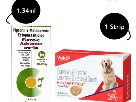 Vetoquinol Fixotic Advance 10 to 20kg Spoton and Veko Kicktape Dog Deworming Tablet Combo Supply