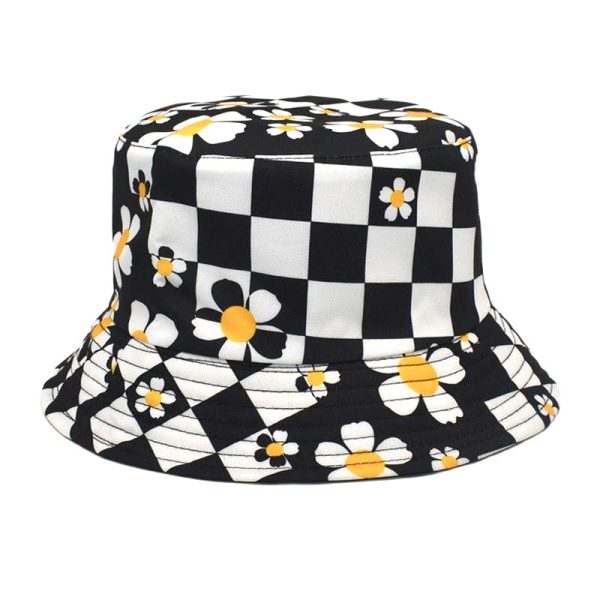 Wholesale Polyester Checkerboard Check Sunflower Flower Print Fisherman Hat Cheap