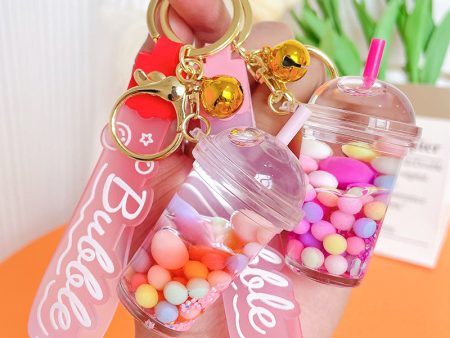 Wholesale Acrylic Oiled Milk Tea Cup Liquid Quicksand Key Chain For Sale