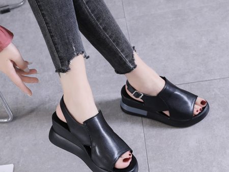 Wholesale Leather Thick Sole Slope Heel Sandals Fashion