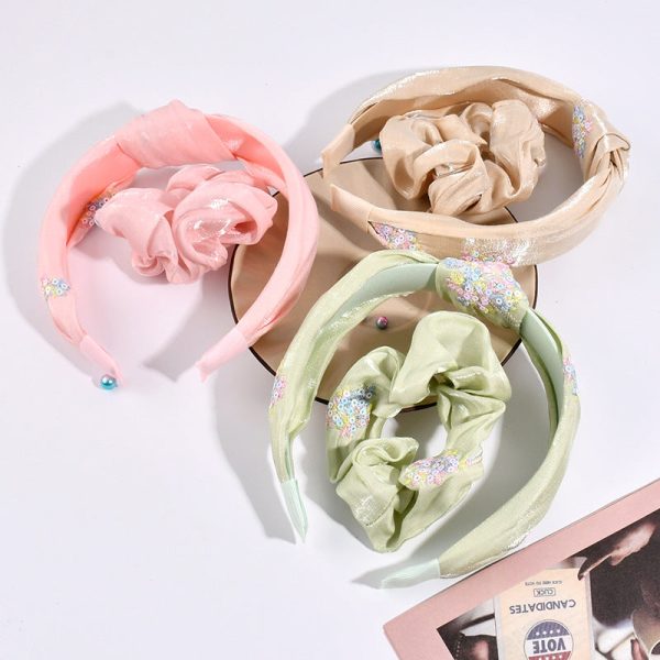 Wholesale Embroidered Bow Knot Fabric Hair Tie Headband Combination Set For Sale