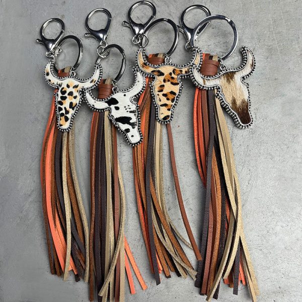 Wholesale 2pcs pack One Pack of Two Leather Western Tassel Cowhead Keychain Supply