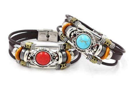 Wholesale Turquoise Beads Leather Stainless Steel Bracelet For Sale