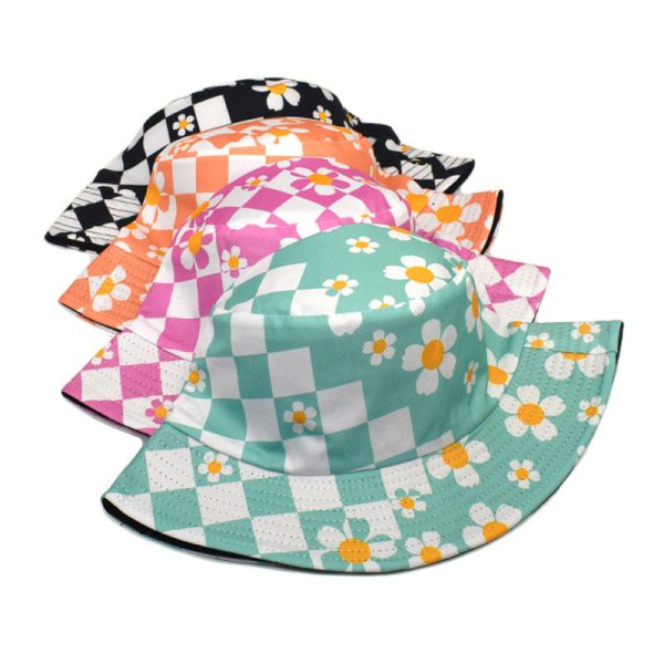 Wholesale Polyester Checkerboard Check Sunflower Flower Print Fisherman Hat Cheap