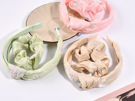 Wholesale Embroidered Bow Knot Fabric Hair Tie Headband Combination Set For Sale