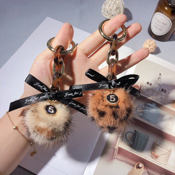 Wholesale Alloy Leopard Print Mink Hair Ball Key Chain For Discount